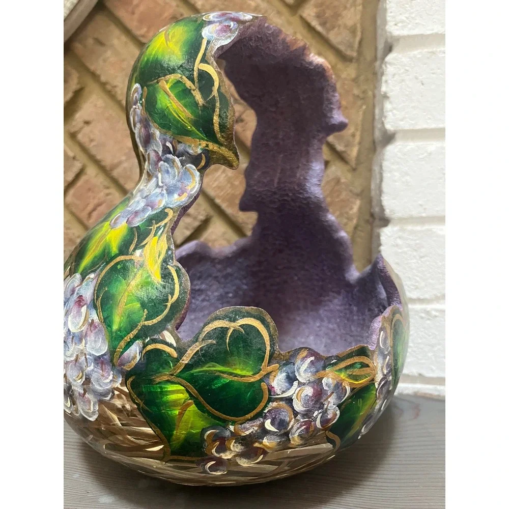 Vtg Hand-Painted Gourd Basket Hanging Planter Pot Stitched  Prple‎ green gold